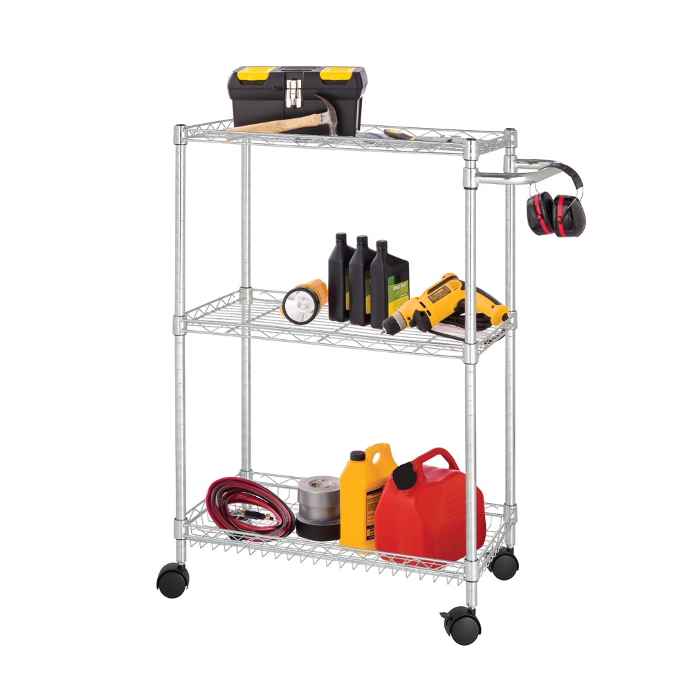 HSS 13.4"Dx27.8"Wx34.5"H, 3Tier Mini Wire Utility Cart, Chrome