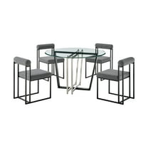Devi Anastasia 5 Piece Round Glass Dining Table Set with Gray Fabric