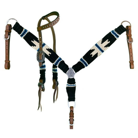 Showman Pony Black, Blue & Cream Corded Single Ear Headstall & Breast Collar Set
