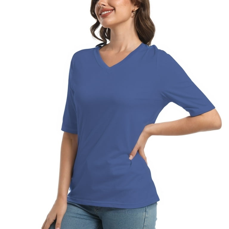 トップス jnhearts Vneck Shirts Saxe Blue Casual Women's V-Neck T-Shirts, Trendy Half Sleeve Tops