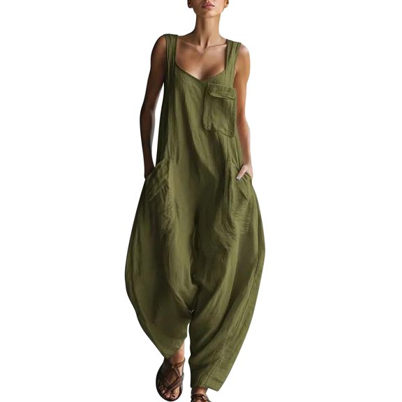 Chuancc Jumpsuits for Women Casual Summer Wide Leg Overalls Loose Sleeveless Rompers with Pockets Vacation Outfits Blackish Green L