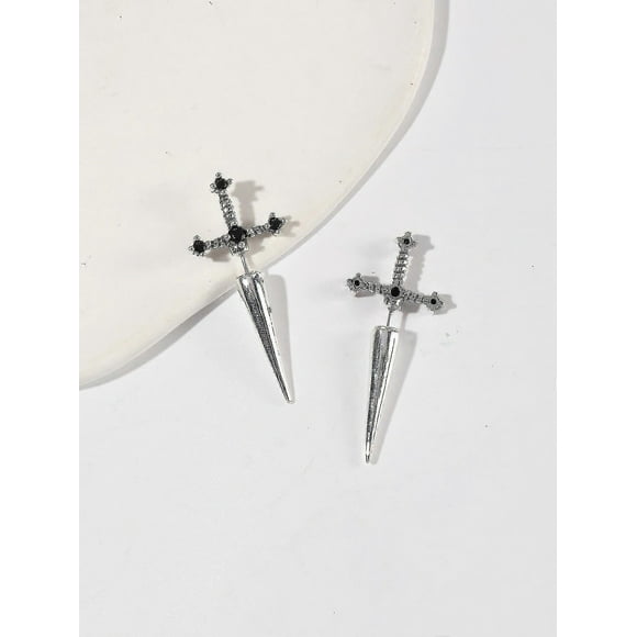 Gothic Kinitial Sword Earrings Vintage Cool Punk Crystal Ear Jacket Goth Dagger Earrings Jewelry Gift For Women