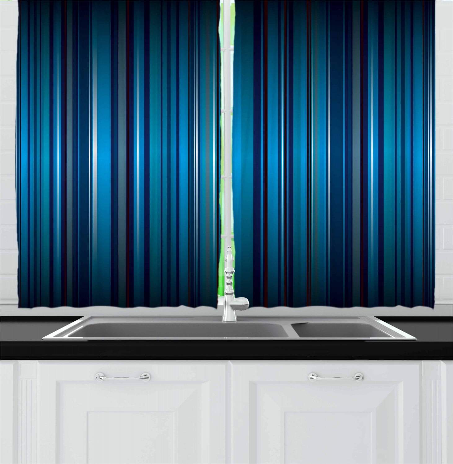 Harbour Stripe Curtains 2 Panels Set, Vibrant Nvay Blue Background with Thin Vertical Lines Modern Design, Window Drapes for Living Room Bedroom, 55W X 39L Inches, Navy Blue Teal, by Ambesonne