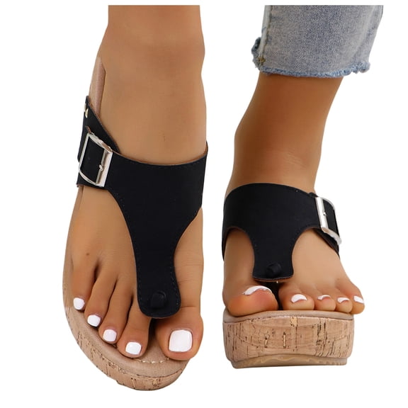 Rokment Womens Denim Cork Footbed Platform Flip Flops Trendy Casual Leather Buckles Wedge Slip on Thong Dress Backless Sandals Comfortable Walking Slippers Black Size 6.5