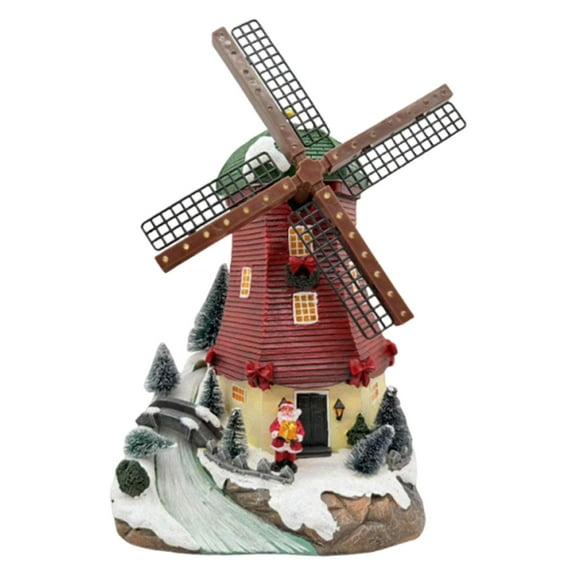 Kuntesetty Christmas Windmill Statue Xmas Gift with Light Music Building Figurine Statue Christmas Decor Resin Figurine for Office Shelf