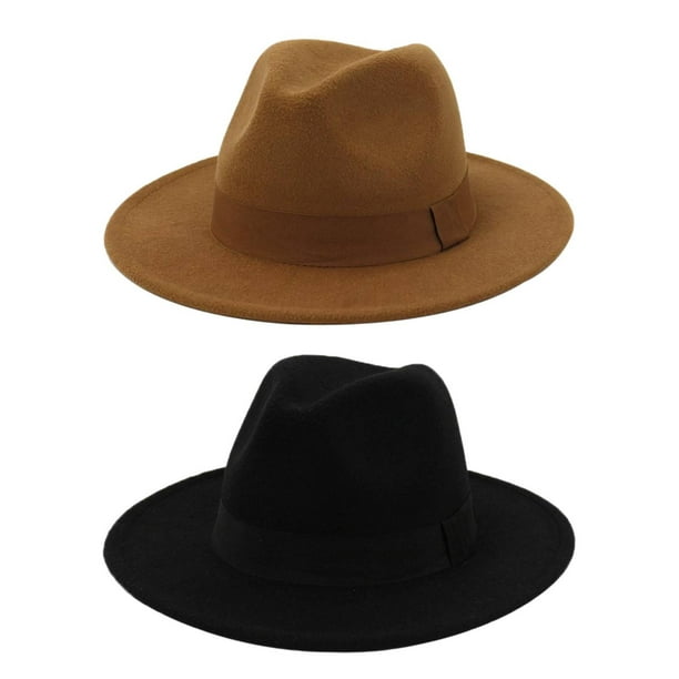 2x Men Women Fedora Hat Wool Felt Panama Wide Brim Elegant Casual Jazz Hats  Black Khaki 