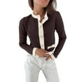 thumbnail image 3 of Women'S Contrast Trim Long Sleeve Button Front V Neck Cardigan Brown S, 3 of 7