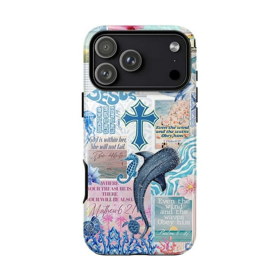 Blue Christian Faith Phone Case, Ocean Marine Life Cross Scripture Collage Cover for iPhone 17 16 15 14 13 12 11 Pro Plus Mini