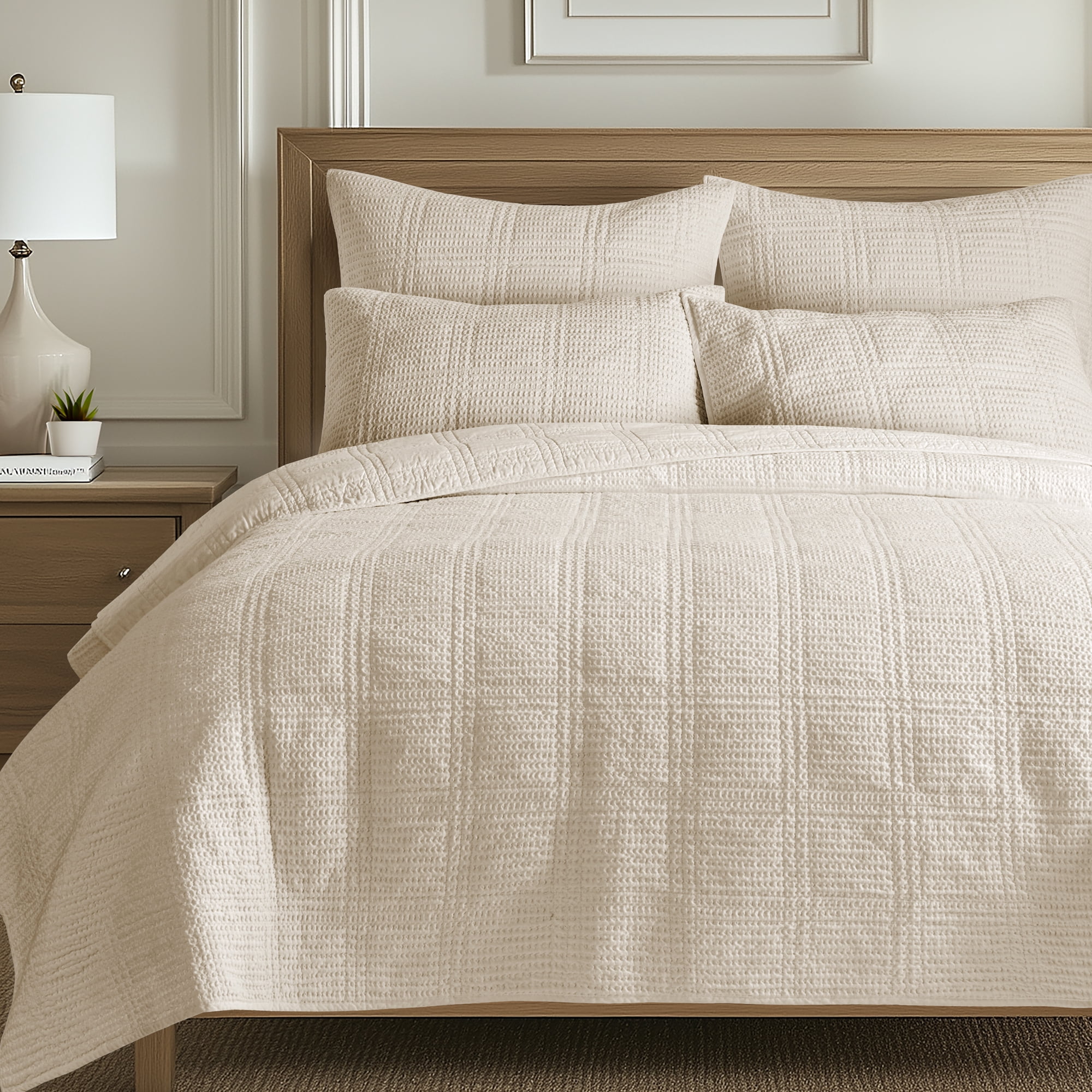 Levtex Home - Cloud Waffle Quilt Set - Full/Queen Quilt and Two Standard Shams - Waffle Textured - Undyed Cream - Quilt (88x92in.) and Shams (20x26in.) - Reversible - Cotton