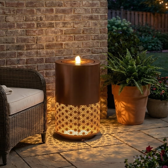 Christopher Knight Home 20.87" Outdoor Candle Style Fountain with LED Lights, Cutout Water Feature, Brown
