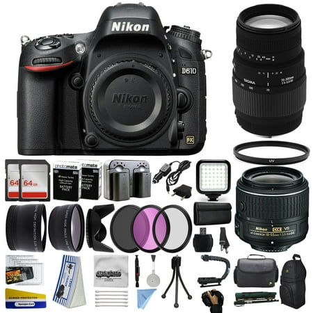 Nikon D610 DSLR Digital Camera with 18-55mm VR II + Sigma 70-300mm Lens + 128GB Memory + 2 Batteries + Charger + LED Video Light + Backpack + Case + Filters + Auxiliary Lenses + More!