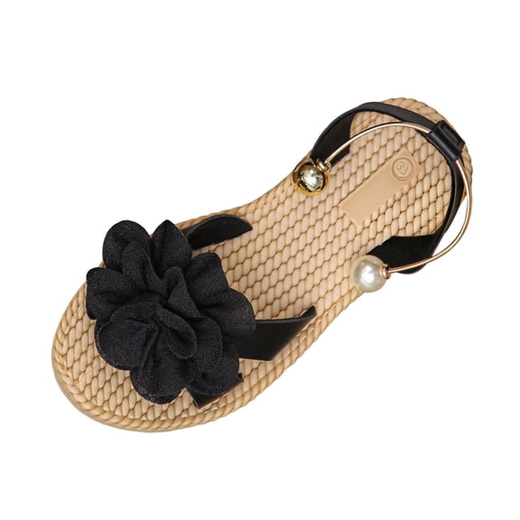 UTTOASFAY Women Shoes Summer Women Flat String Bead Sandals Bohemian Style Flower Buckle Strap Shoes Black 8.5
