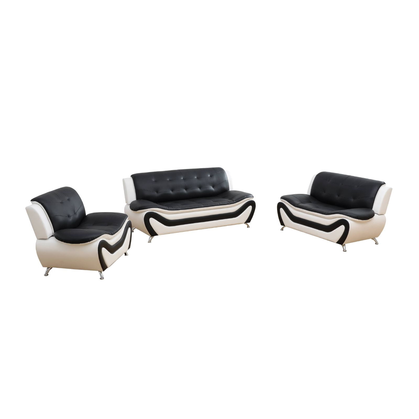 Beverly Fine Furniture Sydney Bold Faux Leather Living Room Sofa Set- Black & White - 3 Piece