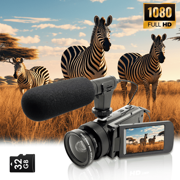HD Digital Camera with Microphone Set - 16-megapixel, 2.7-inch Swivel Screen, 1080P Video, 32GB Memory Card, Timestamp Support, Selfie Light