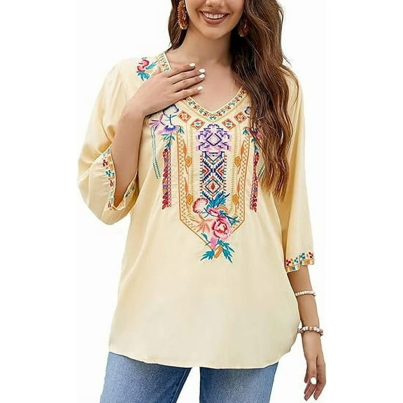 Grosy Womens Plus Size Tops 3/4 Sleeve V Neck Shirts Tunic Casual Floral Embroidered Loose Summer Fall Blouses Mexican Peasant Cotton Rayon Shirts-328/Light Yellow/L