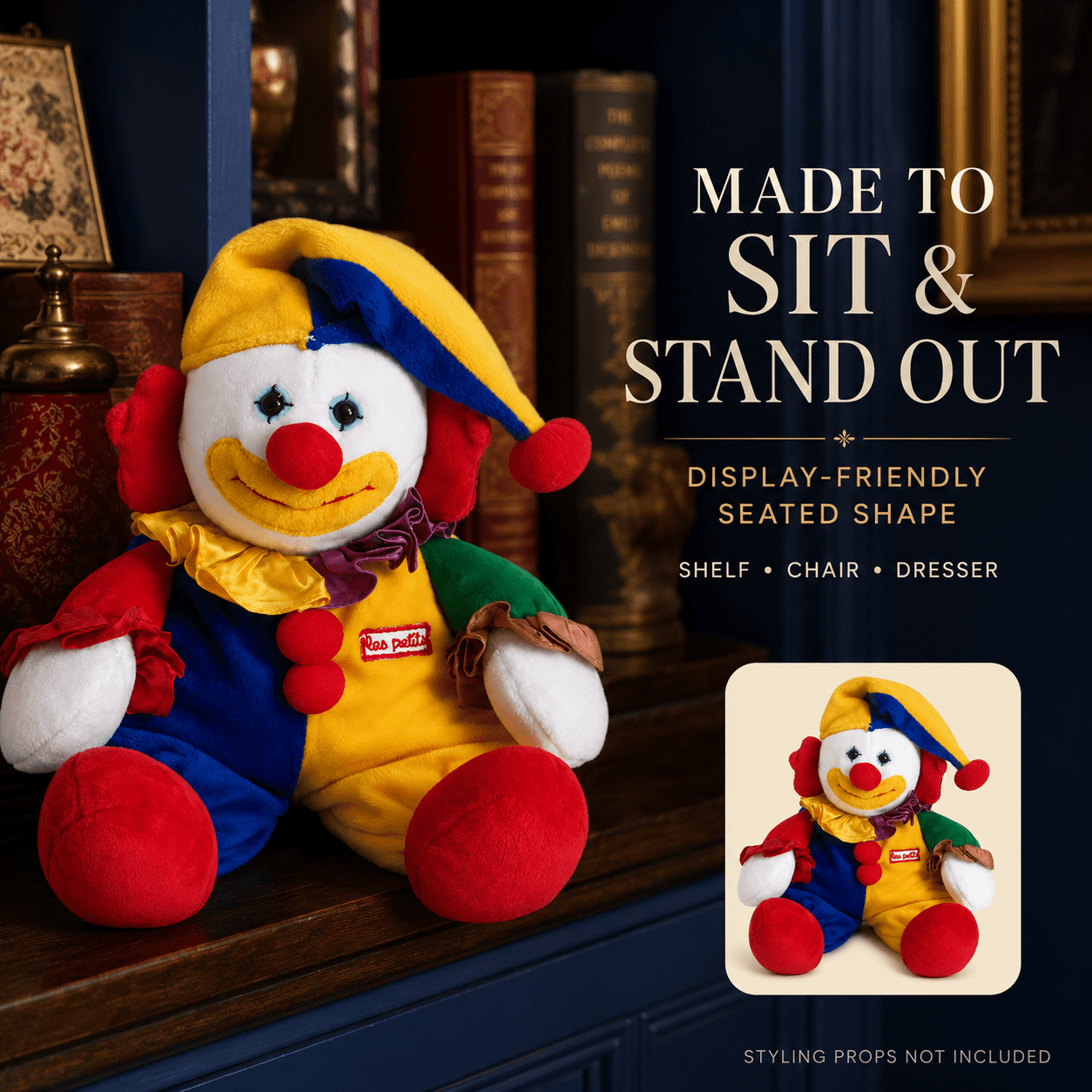 Applause Les Petits Marcel Circus Clown Plush, Multicolor Jester Stuffed Doll with Pom Pom Details and Ruffle Collar for Collectors, Shelf Decor and Gift Giving