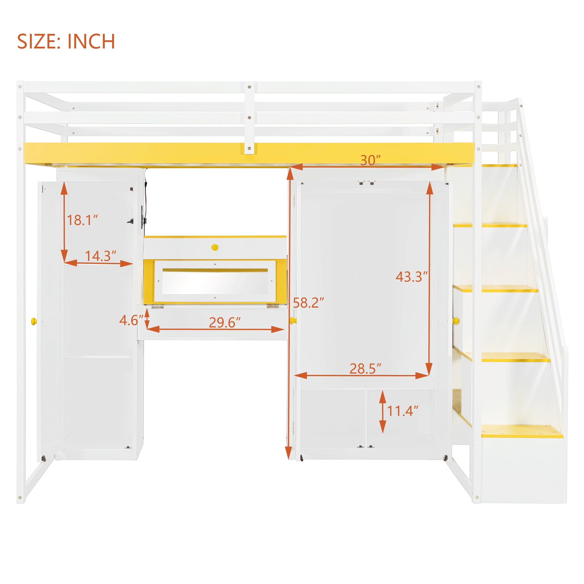 Mintazer Full Size Princess Loft Bed Built-in Dressing Table with Vanity Mirror, Wardrobe, Storage Staircase, Drawer, LED Lights & Charging Station for Girls, White & Yellow