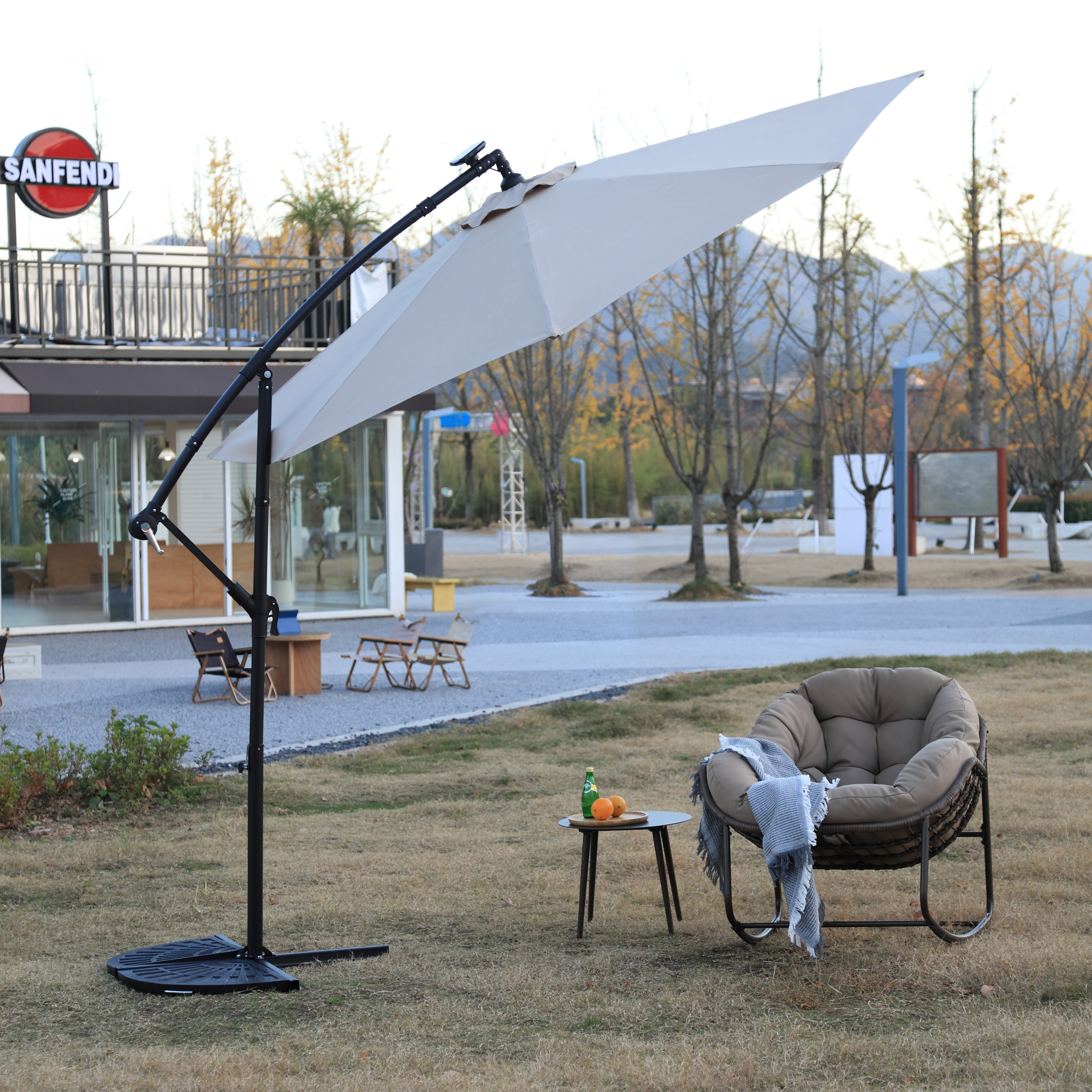 Leumius 10ft Solar LED Patio Umbrella, Offset Cantilever Outdoor Umbrella with 40 LED Lights, Infinite Tilt, 360 Degree Rotation, Crank Handle for Pool Deck Garden Backyard,Khaki(No Base)
