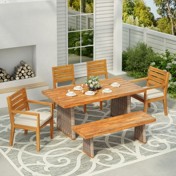 Christopher Knight Home Outdoor Patio 6-Piece Dining Set with Chairs, Bench and Table, Beige Cushions