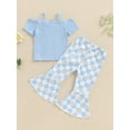 thumbnail image 4 of Suealasg Toddler Girls Clothes 1T 2T 3T 4T 5T Kids Little Girl Summer 2Pcs Outfit Short Sleeve Cold Shoulder Tops Checkerboard Daisy Print Flare Pants, 4 of 7