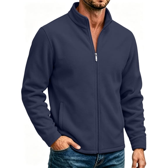 TKKCS Mens Full Zip Fleece Jacket- Outdoor Casual Warm Heavyweight Long Sleeve Stand Collar Winter Outerwear with Zipper Side Pockets Dark Blue Size XL