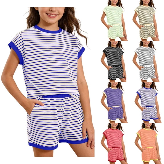 Girl Summer Clothes Short Sleeve Striped Top and Elastic Waist Shorts with Pockets Back to School Clothes Two Piece Sets for Girls Size 6-14 Years