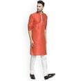 thumbnail image 5 of eloria Men's Traditional Silk Blend Solid Orange Kurta With White Churidar Pyjama, 5 of 7