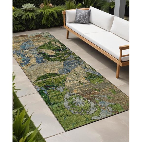 HomeRoots 562786 8 ft. Runner Taupe Blue & Green Floral Washable Non Skid Indoor Outdoor Runner Machine Woven Rug