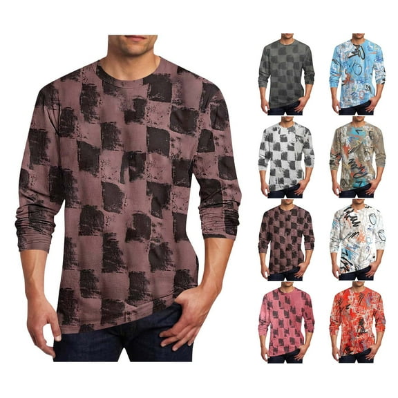 SGFCWSX Oversized Cotton Blouses for Men, Quick Dry Crewneck Plaid Long Sleeve Tops Brown 2XL