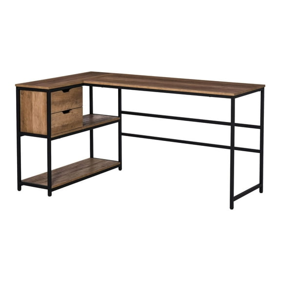 COCOKUN L-Shaped Home Office Writing Desk with Storage Shelf & Drawer, Industrial Style Corner PC Study Table Computer Workstation, Brown