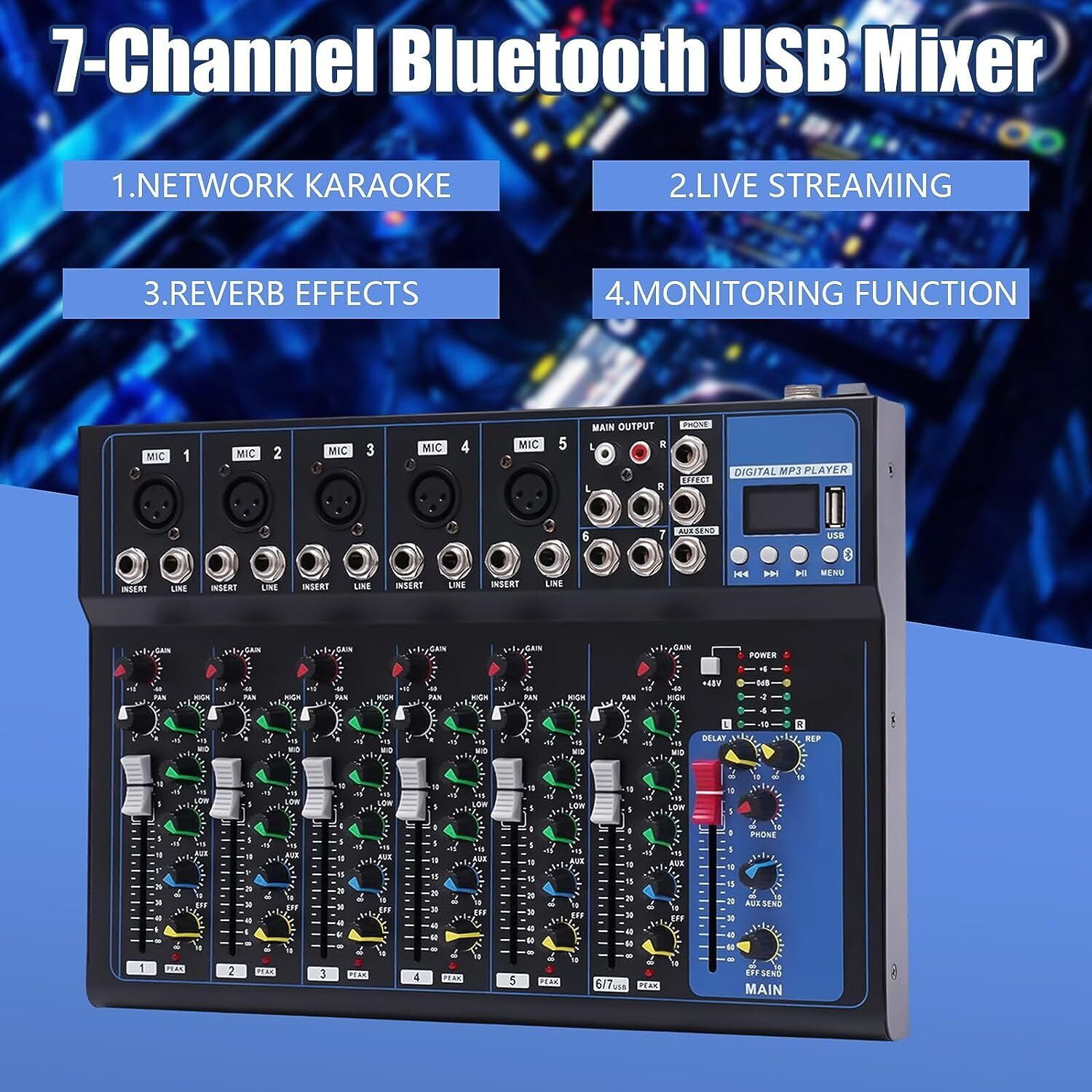 Mixer 7 Channels Studio Audio Mixer DJ Live Sound Mixing Console Bluetooth Mixer