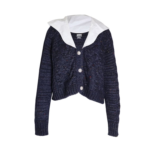 Pre-Owned Ganni Cropped Embellished Poplin-collar Cable-knit Cardigan in Navy Blue Wool