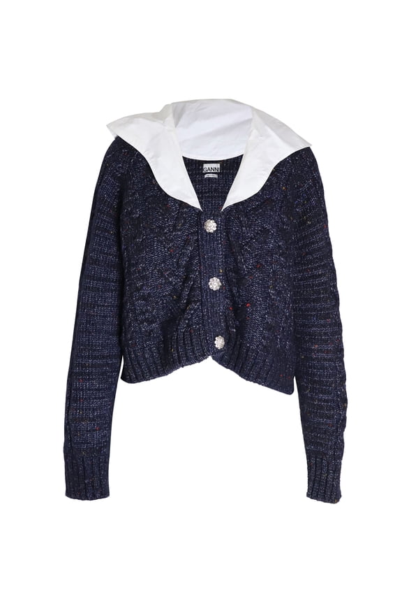 Pre-Owned Ganni Cropped Embellished Poplin-collar Cable-knit Cardigan in Navy Blue Wool