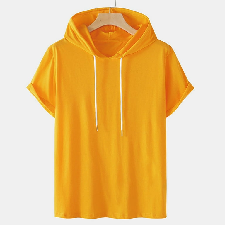 XMMSWDLA Men Short Sleeve Hoodie T Shirt Drawstring Hooded T-Shirts Yellow  Fishing Shirts for Men 