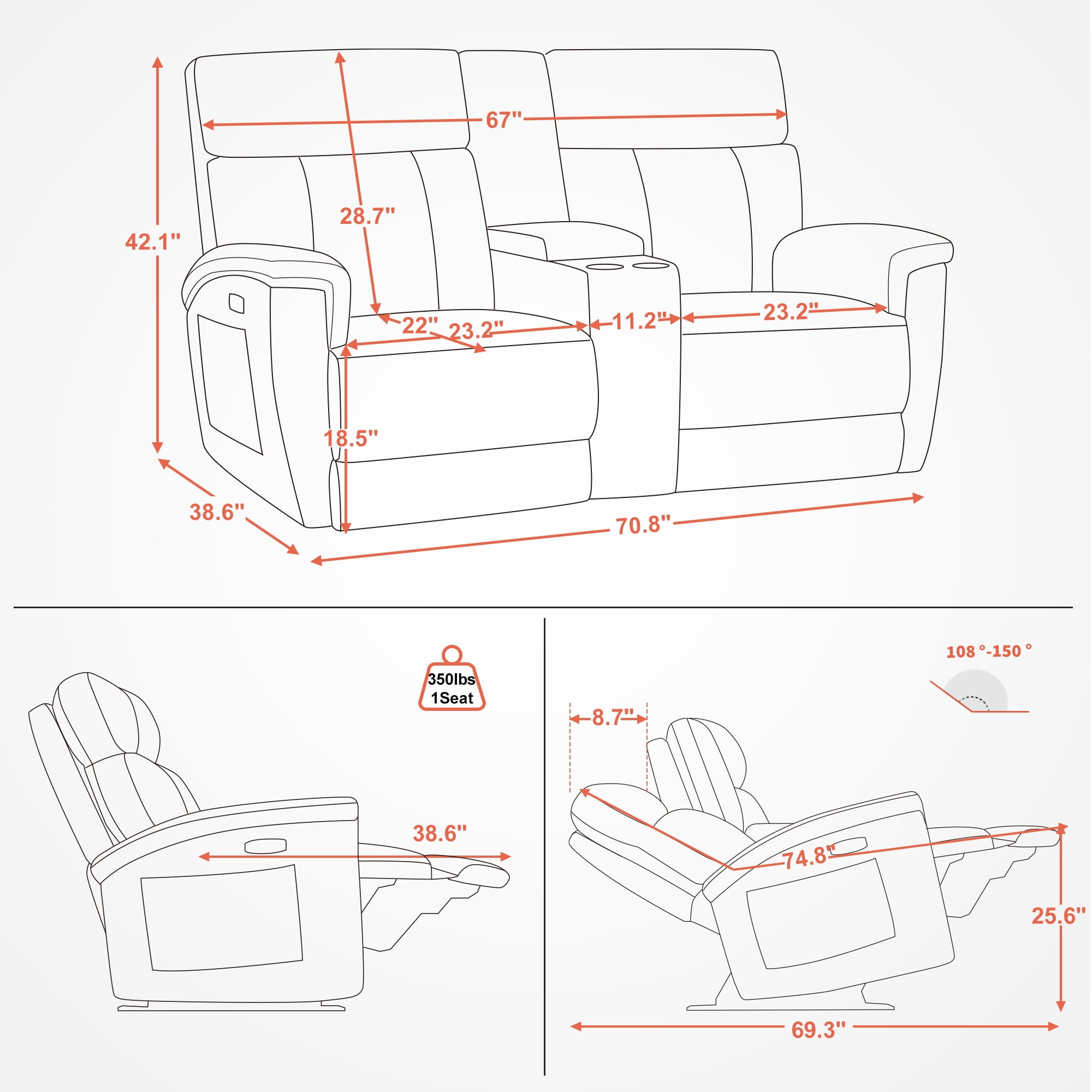 MCombo 70.8" Power Loveseat Recliner Sofa with Console, Massage and Dual Heating, Adjustable Headrest for Living Room, Fabric (Mist Grey)