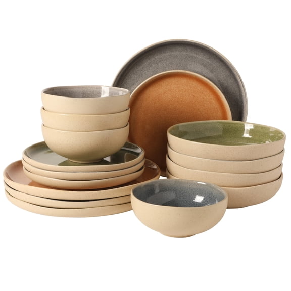 Gibson Elite Manila Bay 16-Piece Stoneware Dinnerware Set, Service for 4, Reactive Glaze Modern Artisan Plates, Bowls & Mugs, Assorted Colors, Round Design