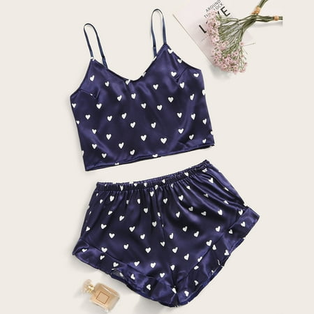 

UDAXB Lingerie Women Heart Print Satin Camisole Pajamas Ruffled Flounce Shorts Lingerie Set