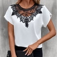 thumbnail image 2 of Camiseta de Mujer Cuello Redondo Manga Corta Encaje Dobladillo Suelto Blusa Informal para Oficina al Aire Libre Blanco XL, 2 of 6
