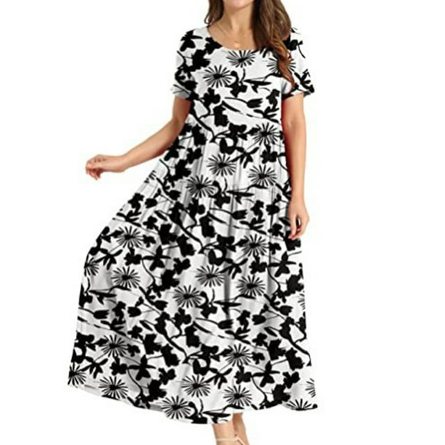 Bellella Robes Maxi pour Femmes Col Rond Longue Robe Imprimé Floral Robe d'Été Aguichant Manches Courtes Image de Vacances Couleur 21 2TG