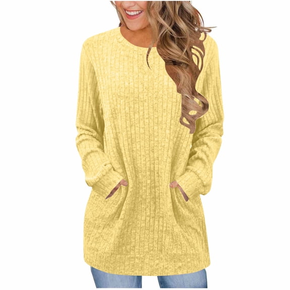 ABATAB Womens Sweaters Crewneck Long Sleeve Ribbed Knit Pullover Casual Tunic Long Tops Fall Spring Outfits with Pockets