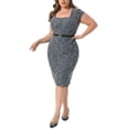thumbnail image 4 of Agnes Orinda Women's Plus Size Tweed Dress Sheath Vintage Square Neck Cap Sleeve Side Split Work Midi Pencil Dresses with Zipper 4X Blue, 4 of 6