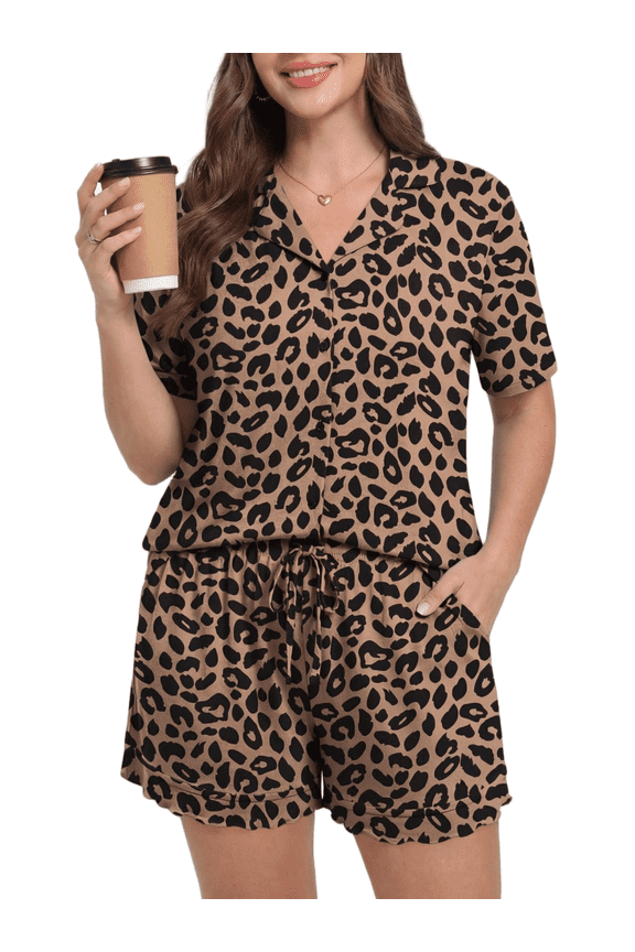 Womens Plus Size Pajama Set Button Down Short Sleeve Top & Drawstring Shorts with Pockets, Leopard