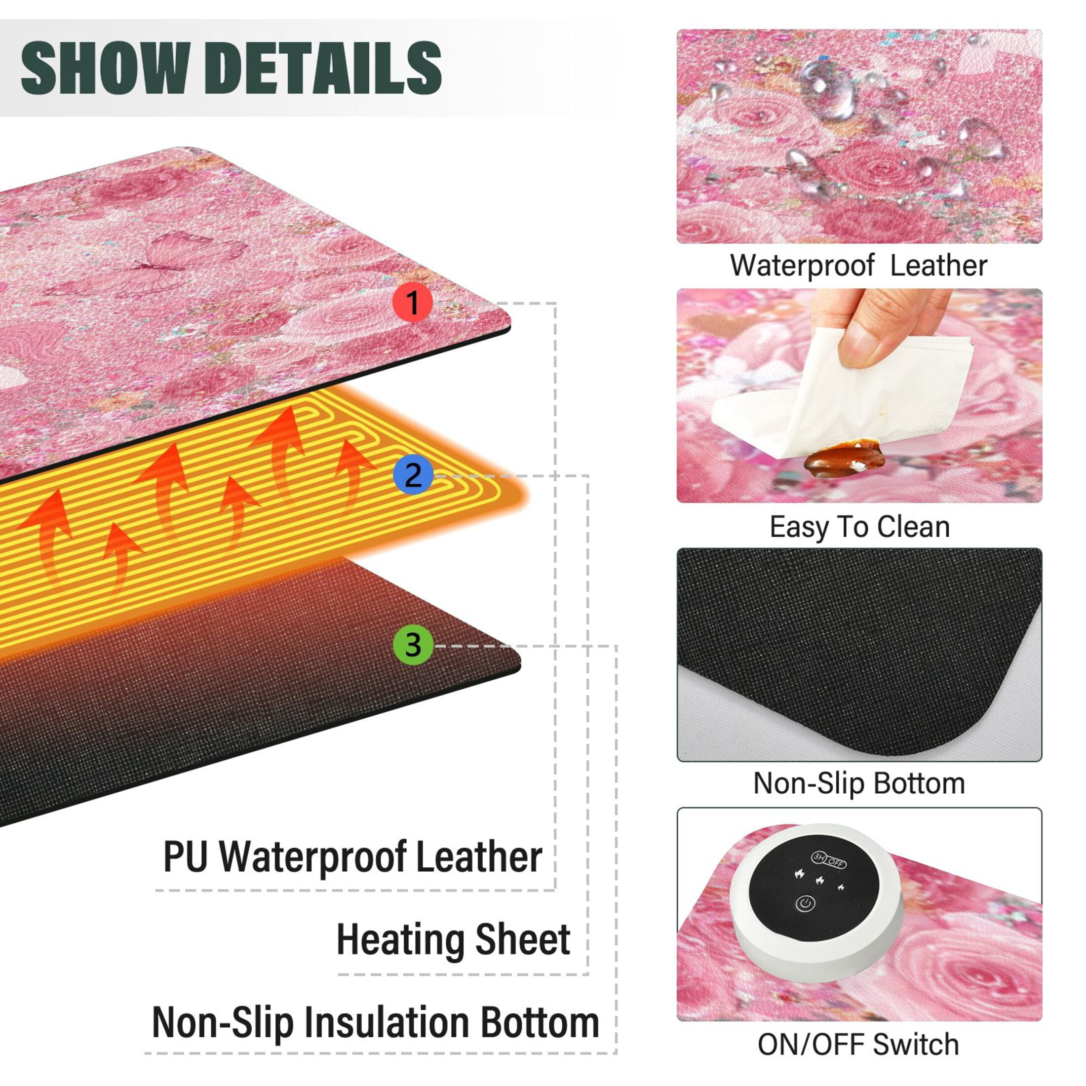Large Heated Desk Mat Mouse Pad 31.5"x13"PU Leather Graphene Heating Desk Warmer with 3 Temperature Settings 110V US Plug Non-Slip Warm Pad for Home, Office, and Gaming Glitter Unicorn Rose Paradise