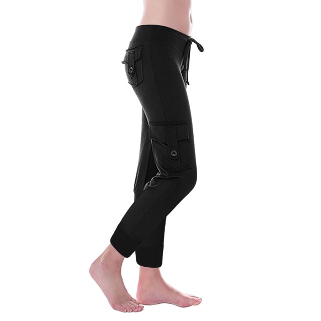 Jsaierl Womens Cargo Pants Drawstring Elastic Waisted Yoga Pants Slim Fit Workout Leggings Sweatpants Button Athletic Pants with Pockets