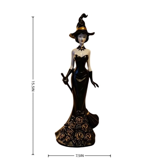 Halloween Decorations -- Elegant Black Witch Statue With Golden Roses Broomstick Vintage Lady Witch Figurine Resin Halloween Decor Gothic Tabletop Ornament For Home Party Desktop