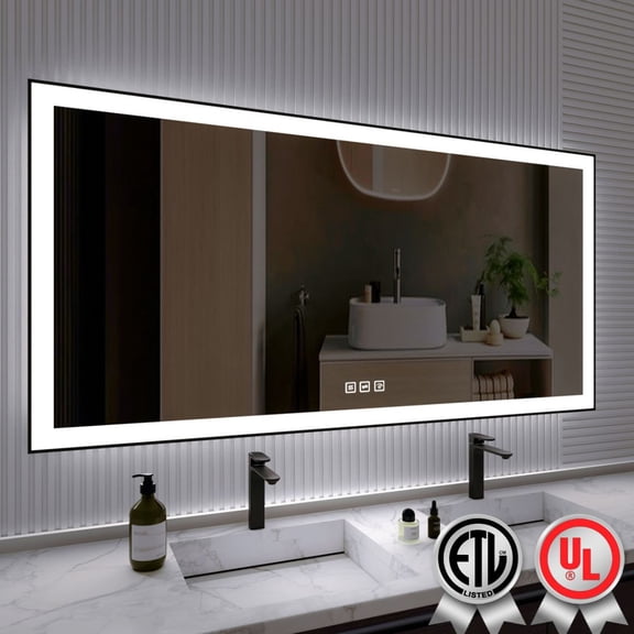 72x36 Inch Rectangular Framed LED Anti-Fog Wall Bathroom Vanity Mirror in Black with Backlit and Front Light