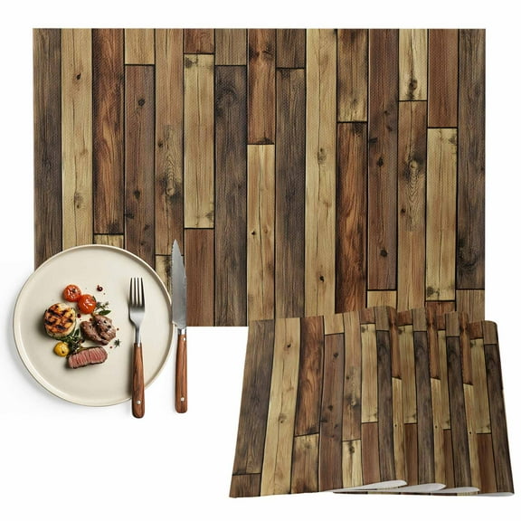 Rustic Farmhouse Placemats Set of 8, Brown Wood Textured Table Mats Washable Heat-Resistant Non-Slip Place Mats for Kitchen Dinner Table Indoor Outdoor Decor,13x19 Inch
