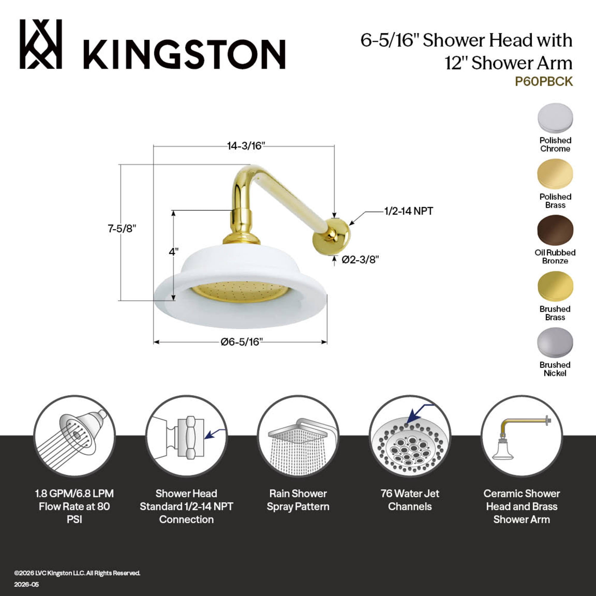 Kingston Brass P60SBCK Victorian 6-5/16-Inch Sunflower Raindrop Ceramic Shower Head with 12-Inch Shower Arm in Brushed Brass