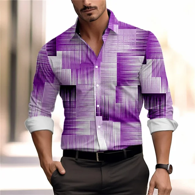 Camisa de manga larga con botones de solapa con estampado 3D de empalme vintage para hombre 2024, diseño casual, ropa creativa para hombre