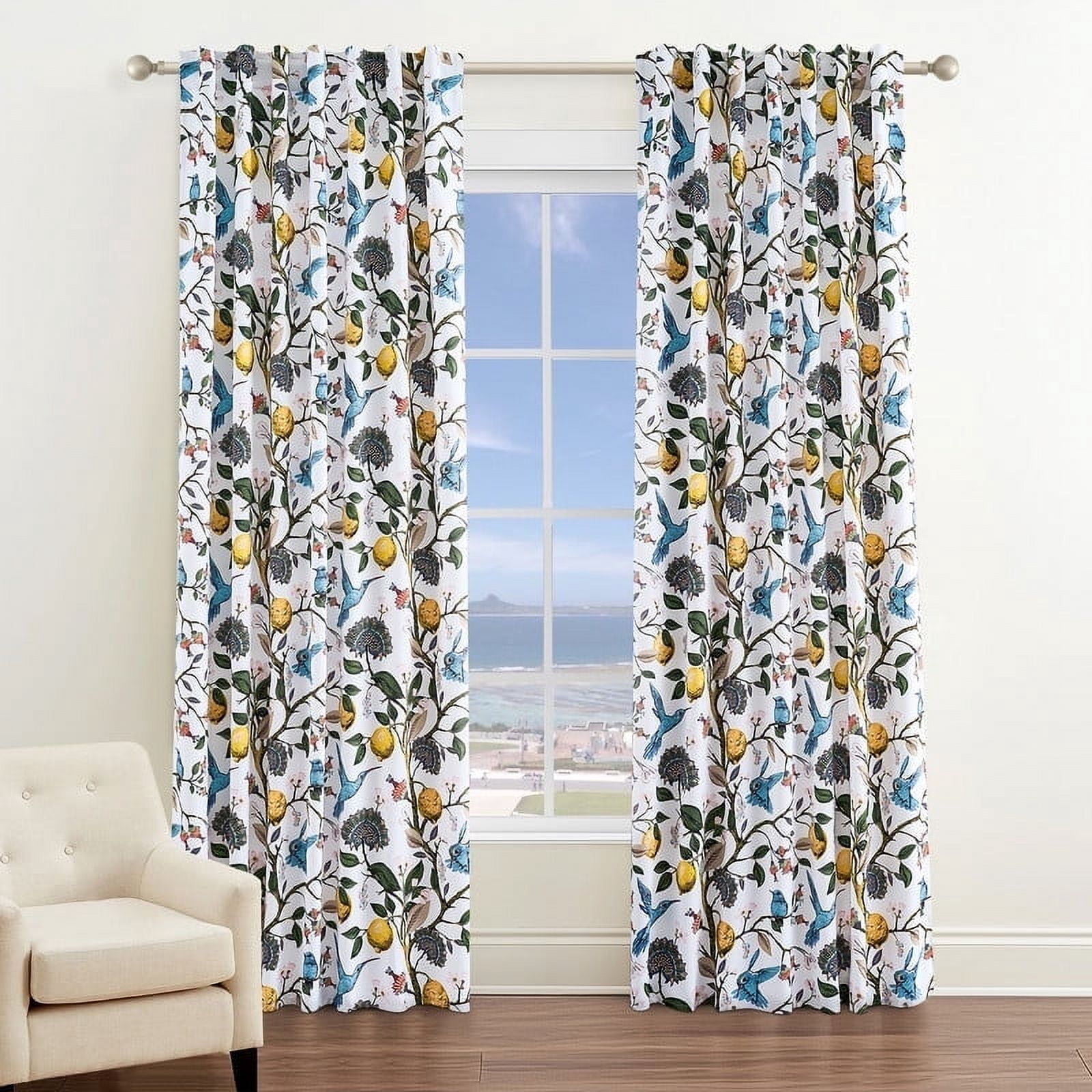Topfinel Fancy Hummingbird Patterned Curtain,White Curtains for Living Room, Thermal Insulated Blackout Curtains for Bedroom, Floral Vintage Lemon Curtains 84 inch Length 2 Panels Set